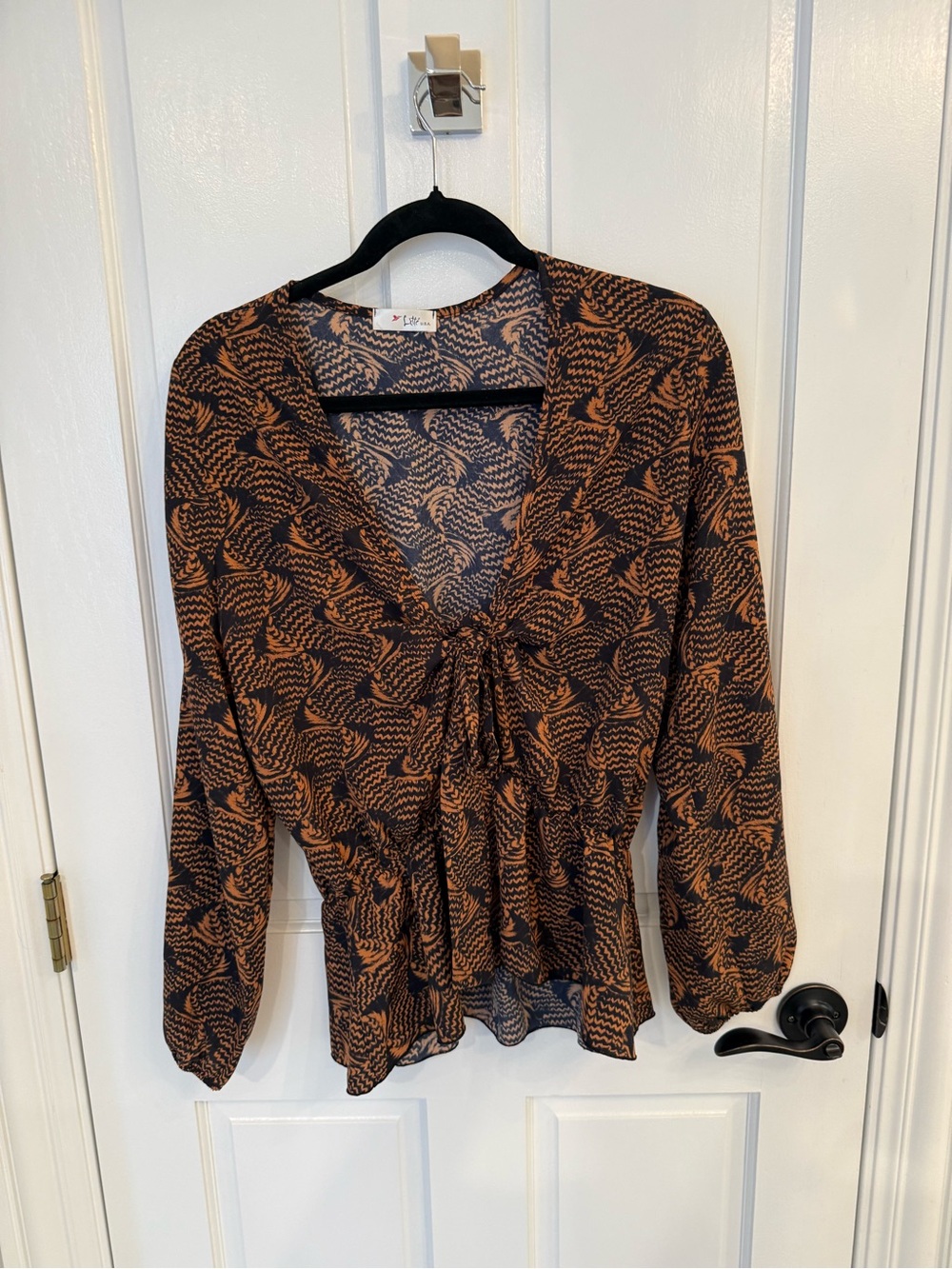 Lette Woven Tie-Front Peplum Blouse - Black & Brown